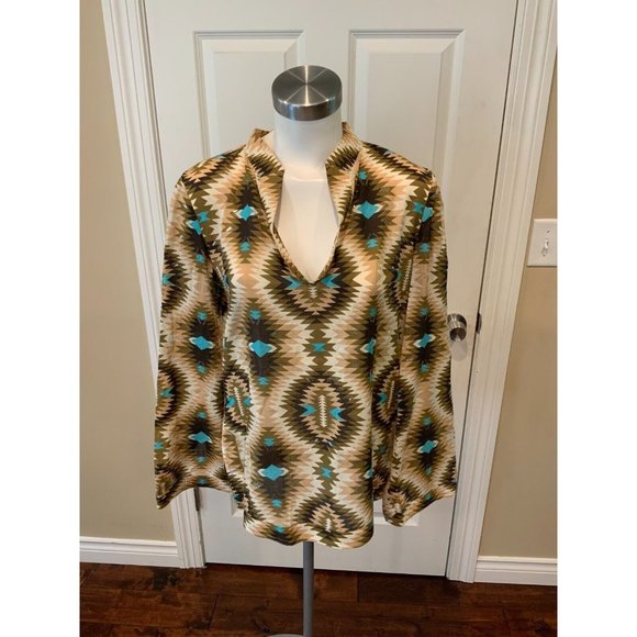 Tory Burch V-Neck Tan & Green Geometric Long Sleeve Tunic, Size 6 - Picture 1 of 5